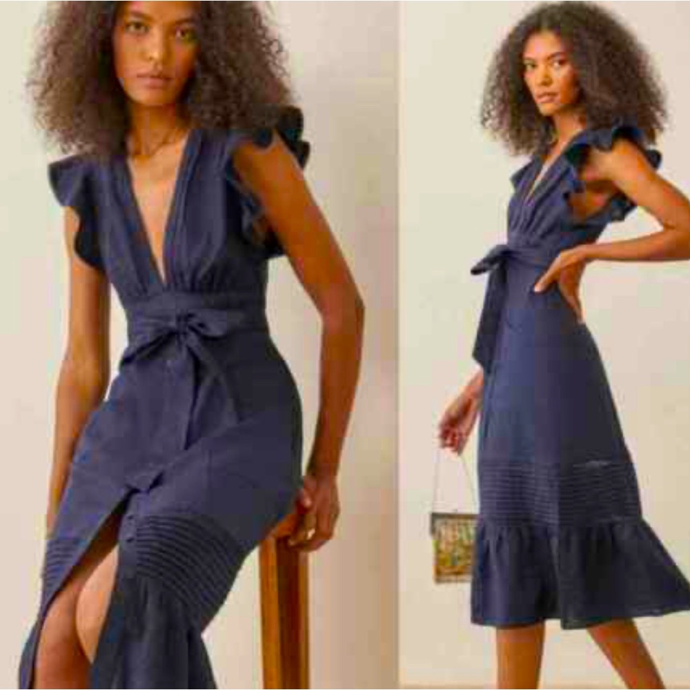 NWT - Reformation Lili Linen Dress - Navy - Sz 2